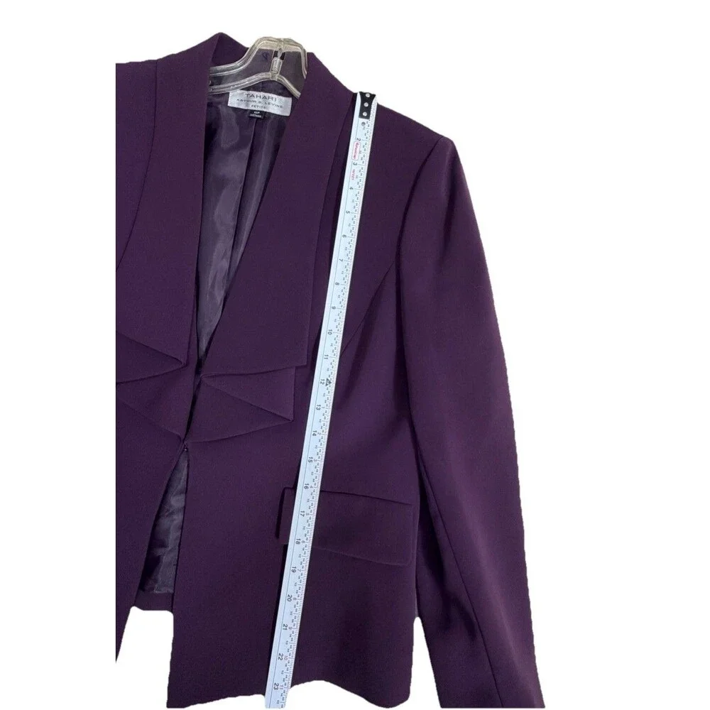 Tahari Arthur S Levine Purple‎ Blazer Women 10P Petite Ruffle Open Front